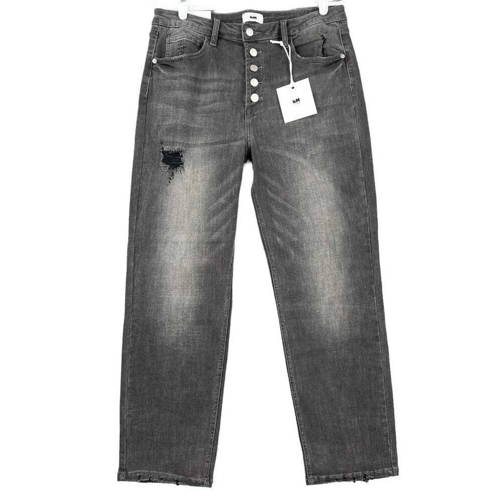 I & M Women's Crop Mom Jeans Size‎ 13 Distressed Stretch High Rise Dark Grey NWT